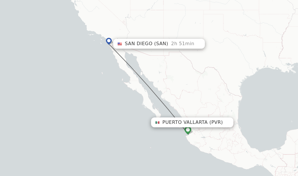 Flights from Puerto Vallarta to San Diego route map