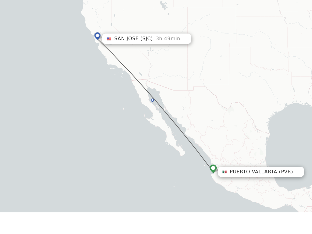 Flights from Puerto Vallarta to San Jose route map