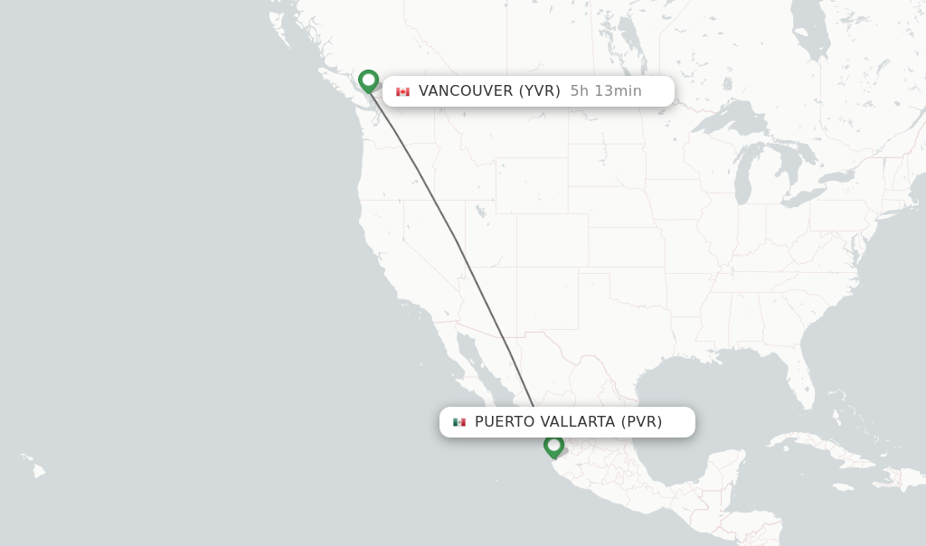 Flights from Puerto Vallarta to Vancouver route map