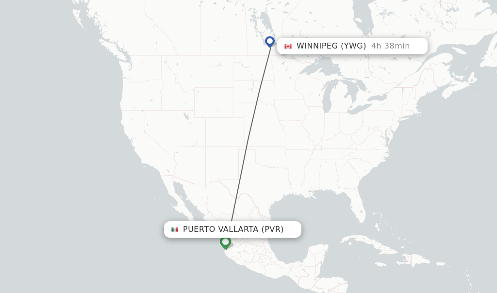 Flights from Puerto Vallarta to Winnipeg route map