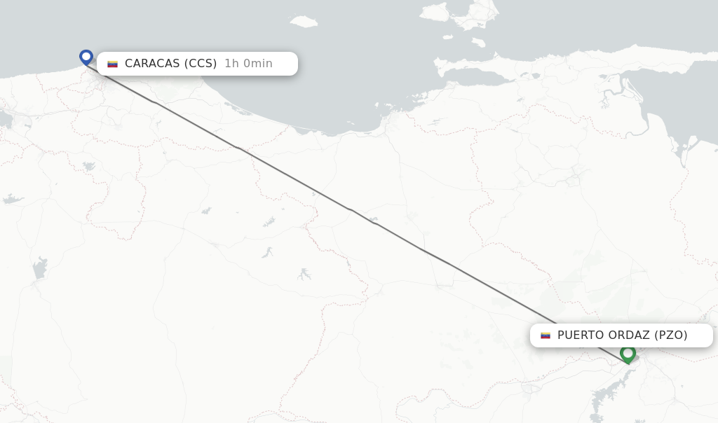 Flights from Puerto Ordaz to Caracas route map