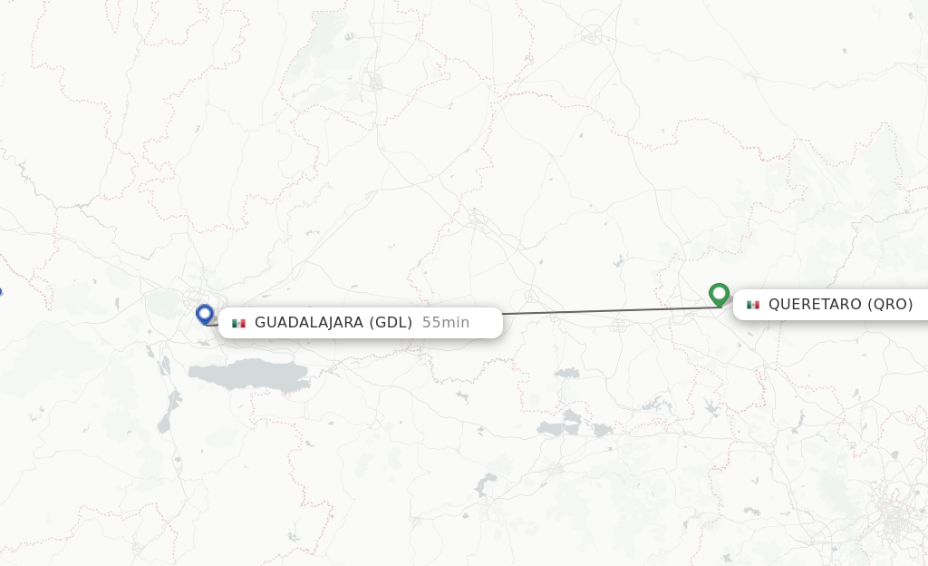 Flights from Queretaro to Guadalajara route map