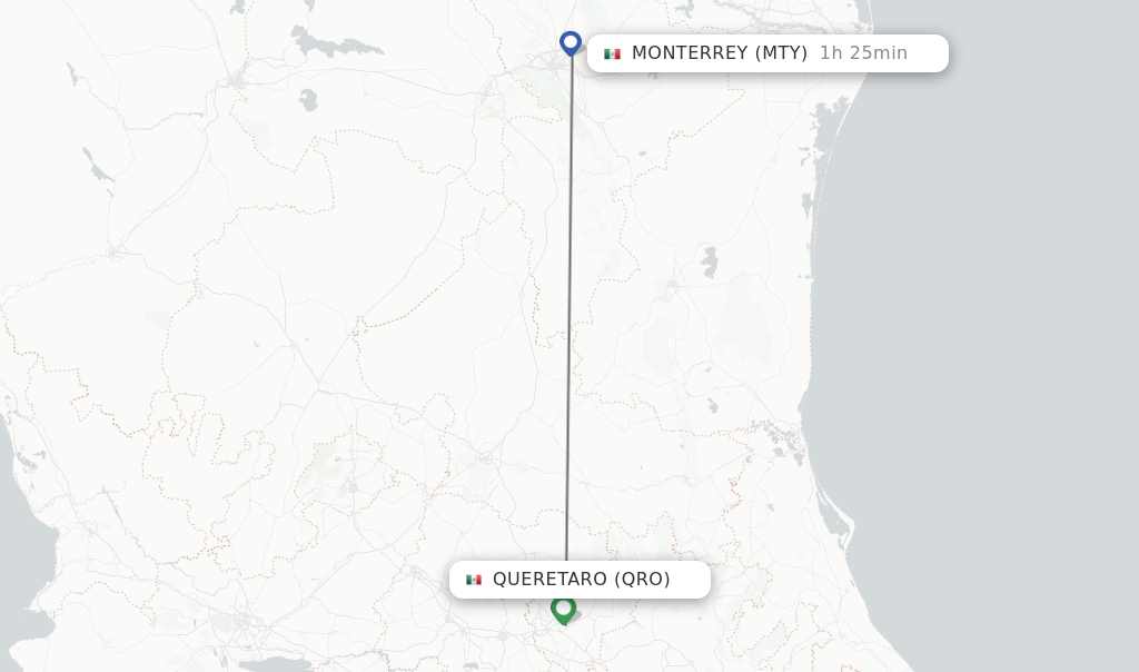 Flights from Queretaro to Monterrey route map