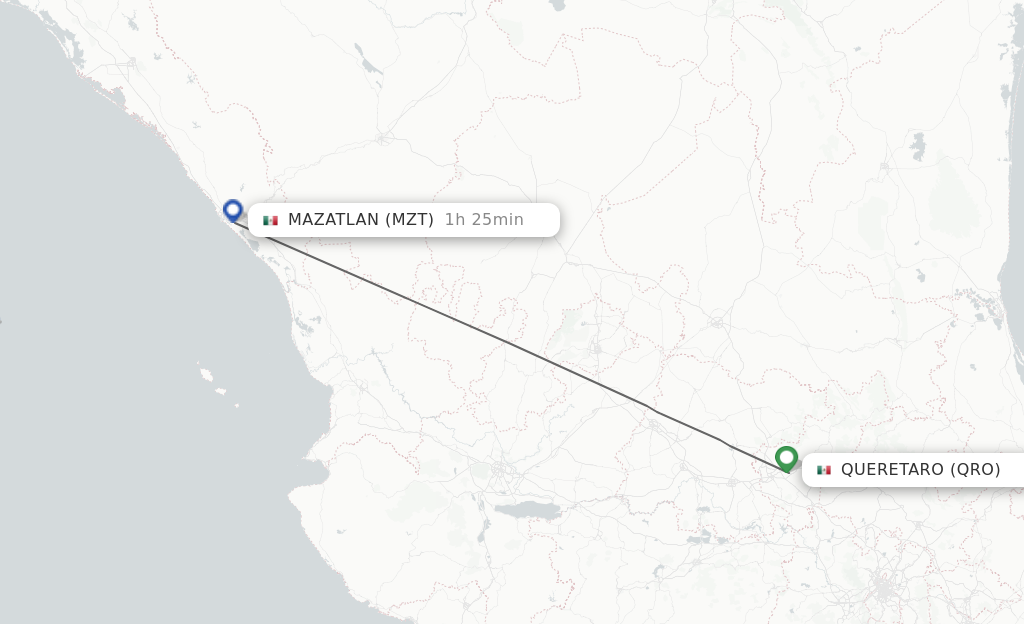 Flights from Queretaro to Mazatlan route map