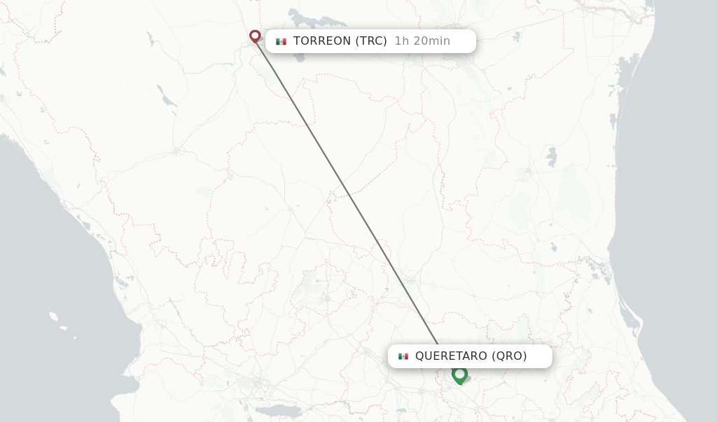 Flights from Queretaro to Torreon route map