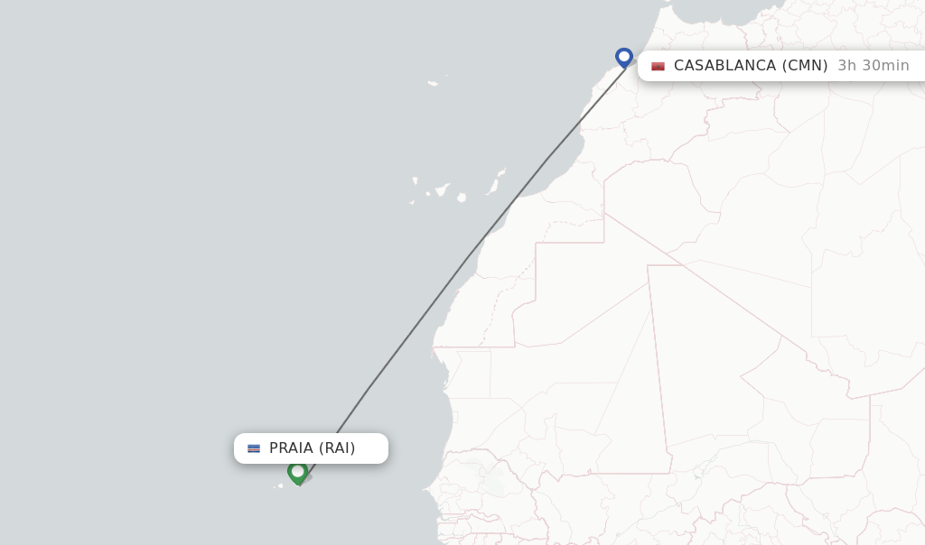 Flights from Praia to Casablanca route map