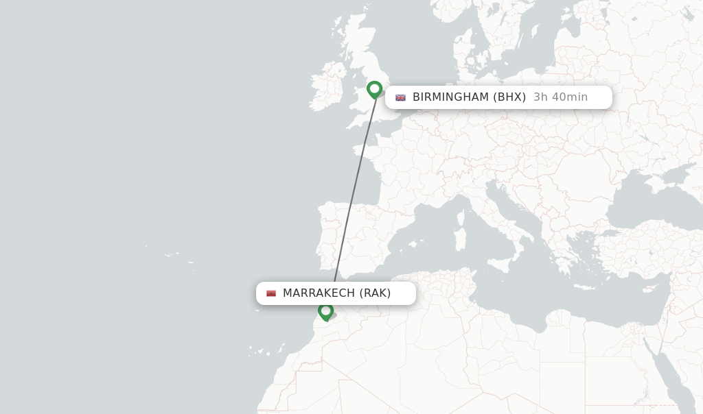 Flights from Marrakech to Birmingham route map