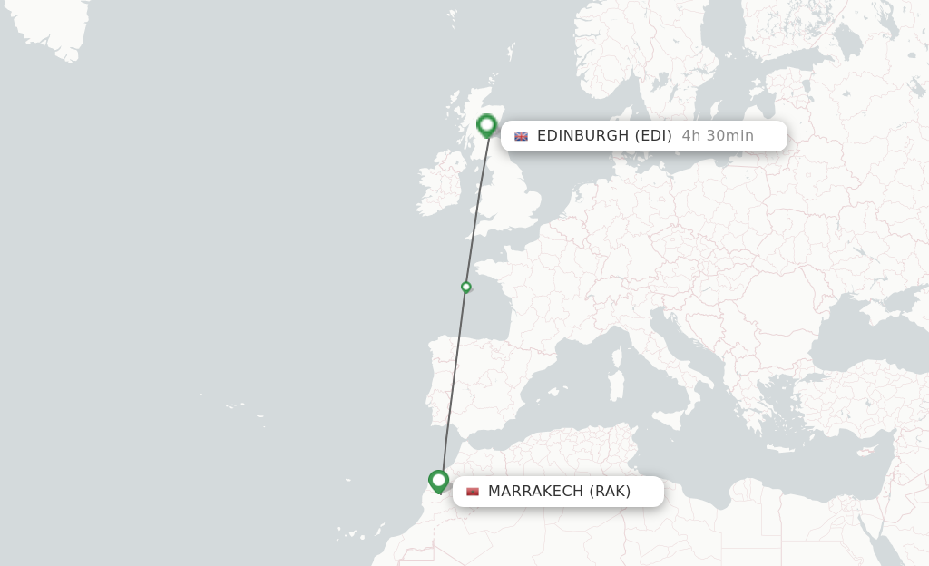 Flights from Marrakech to Edinburgh route map