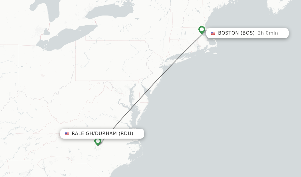 Flights from Raleigh/Durham to Boston route map