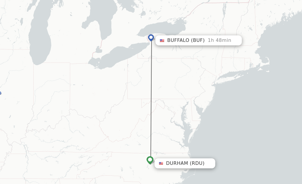 Flights from Raleigh/Durham to Buffalo route map