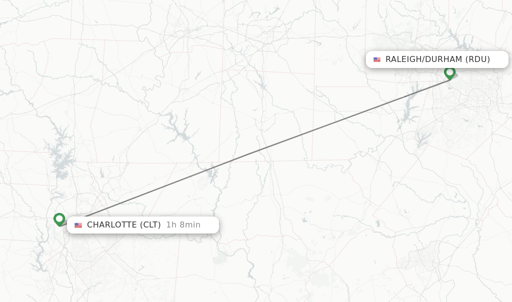 Flights from Raleigh/Durham to Charlotte route map