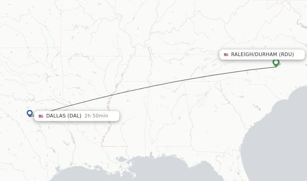 Flights from Raleigh/Durham to Dallas route map
