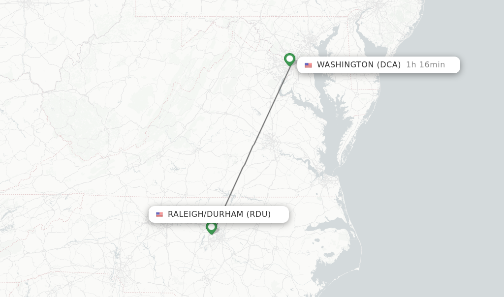 Flights from Raleigh/Durham to Washington route map