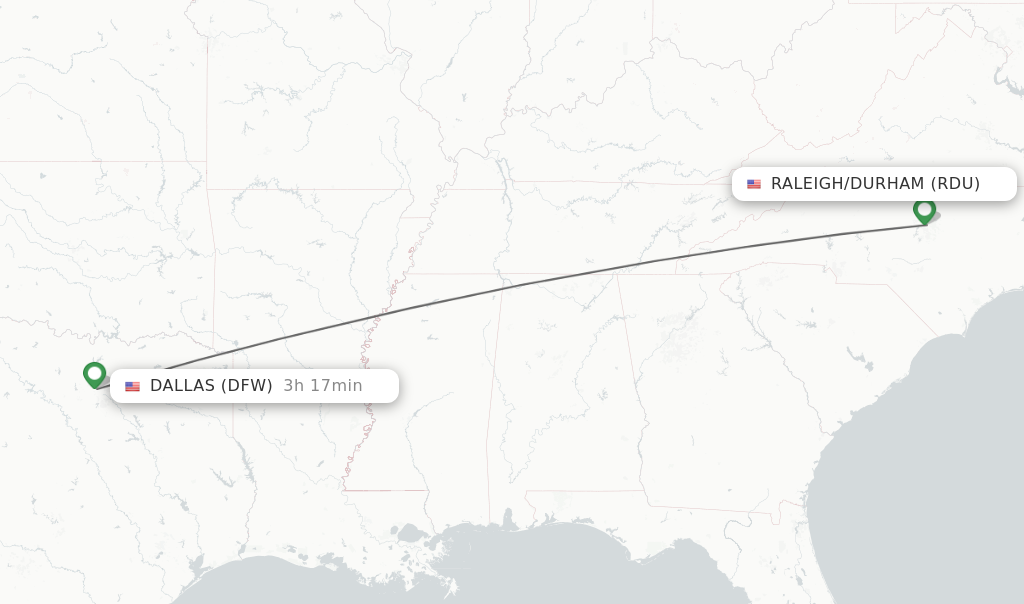 Flights from Raleigh/Durham to Dallas route map