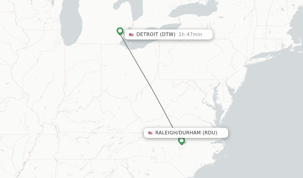 Flights from Raleigh/Durham to Detroit route map