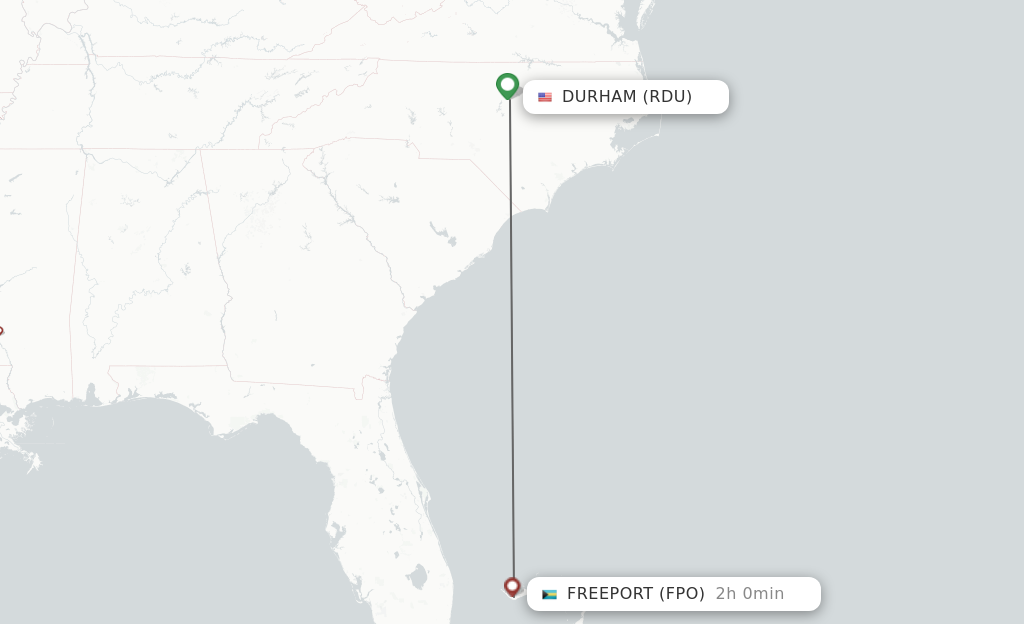 Flights from Raleigh/Durham to Freeport route map