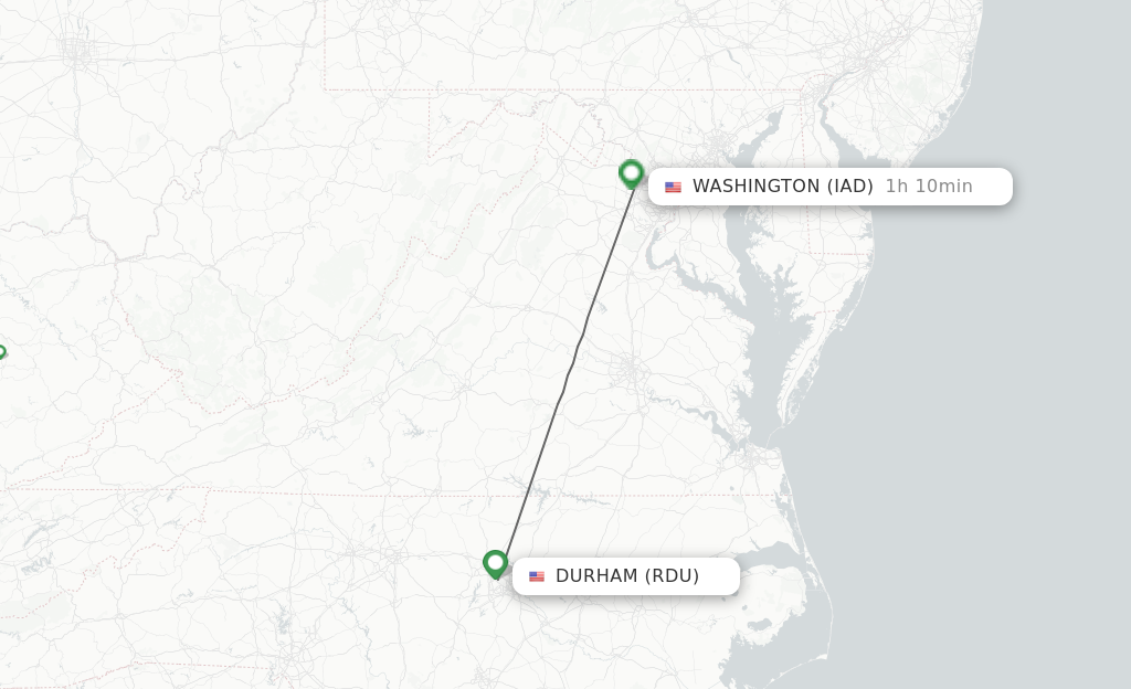 Flights from Raleigh/Durham to Dulles route map