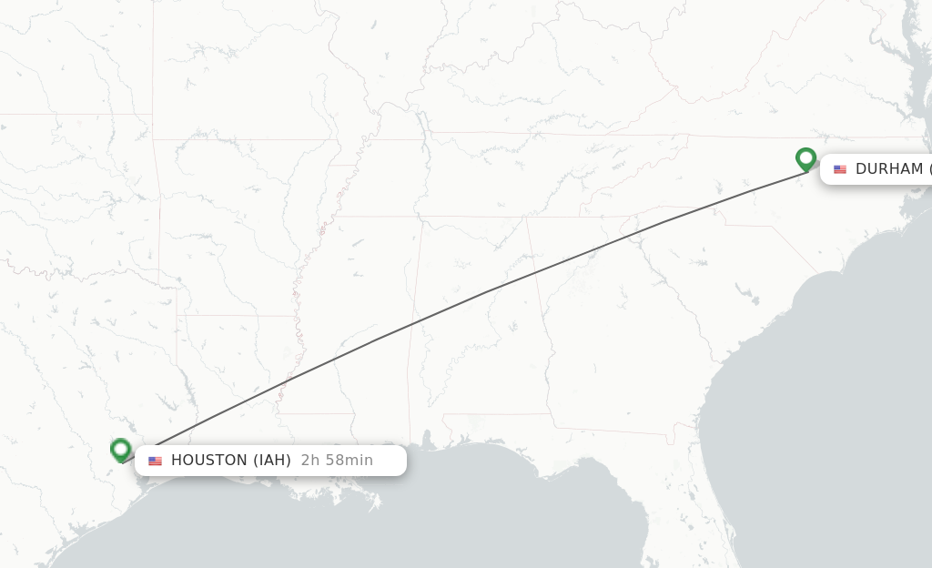 Flights from Raleigh/Durham to Houston route map