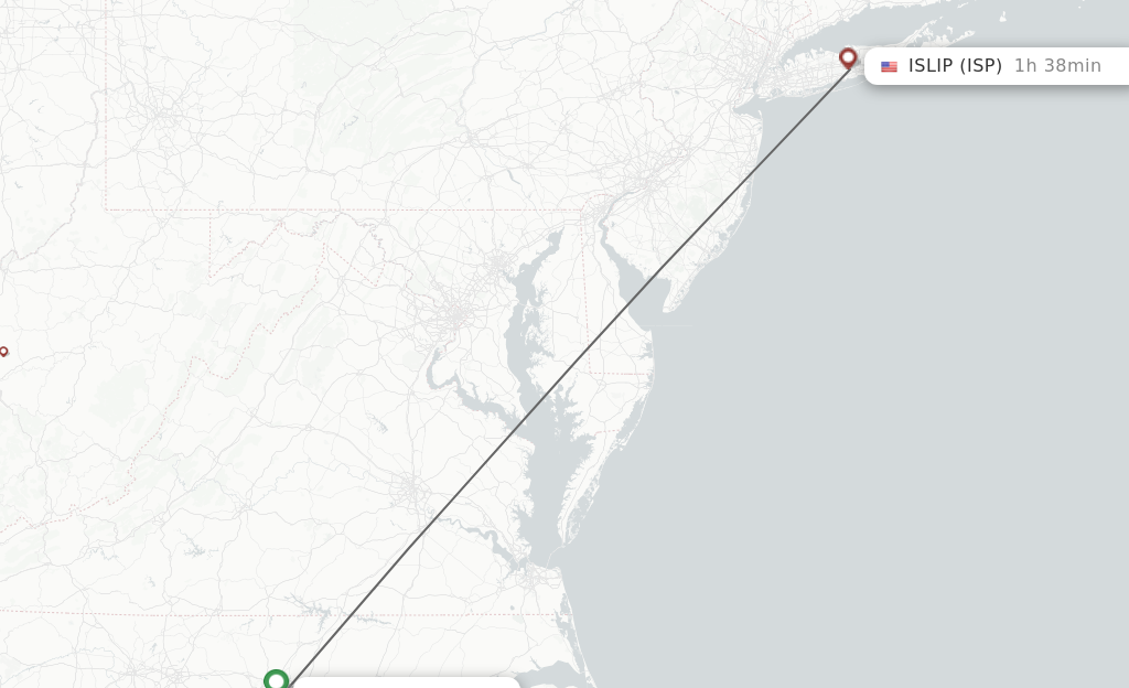 Flights from Raleigh/Durham to Islip route map