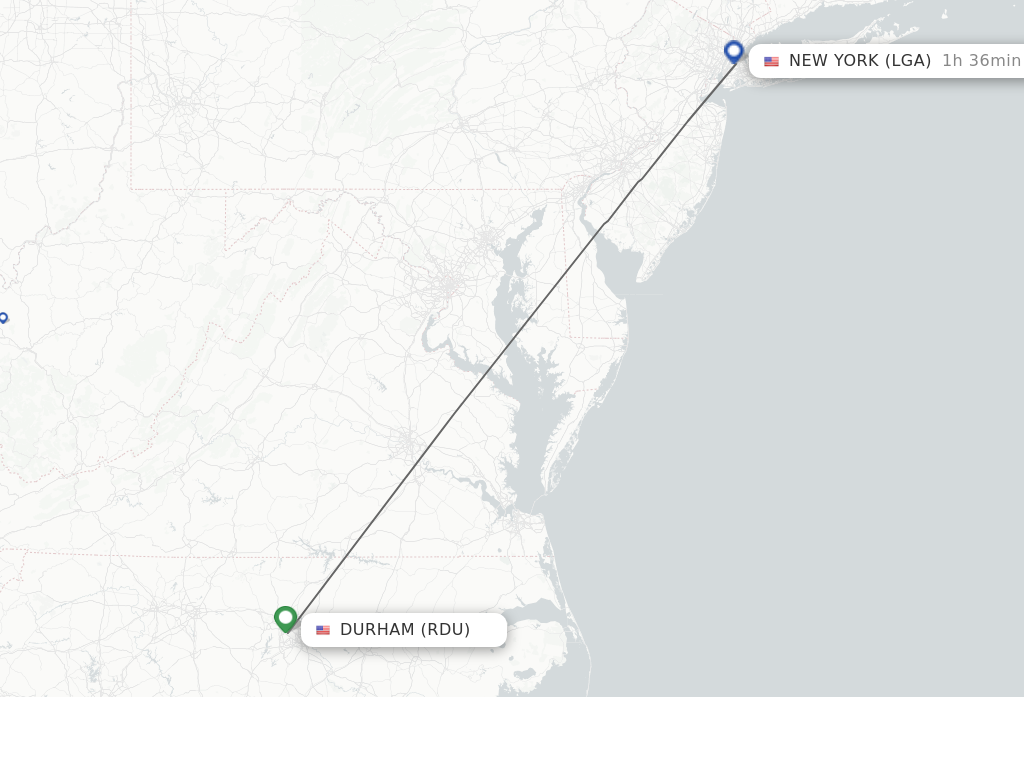 Flights from Raleigh/Durham to New York route map