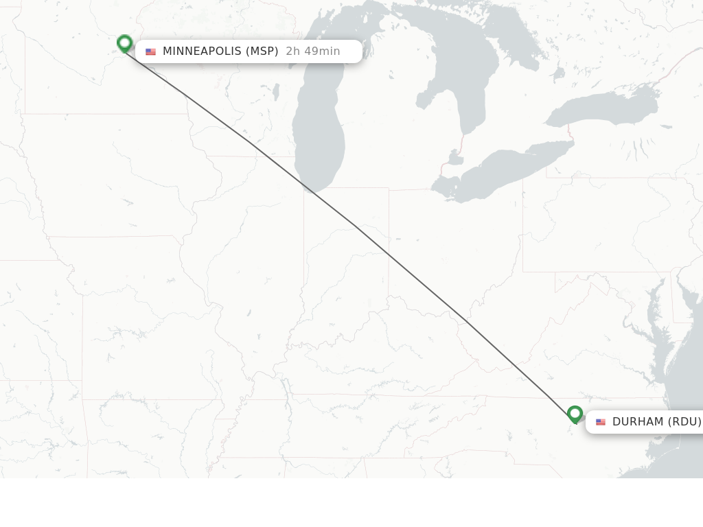 Flights from Raleigh/Durham to Minneapolis route map