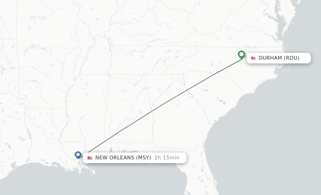 Flights from Raleigh/Durham to New Orleans route map