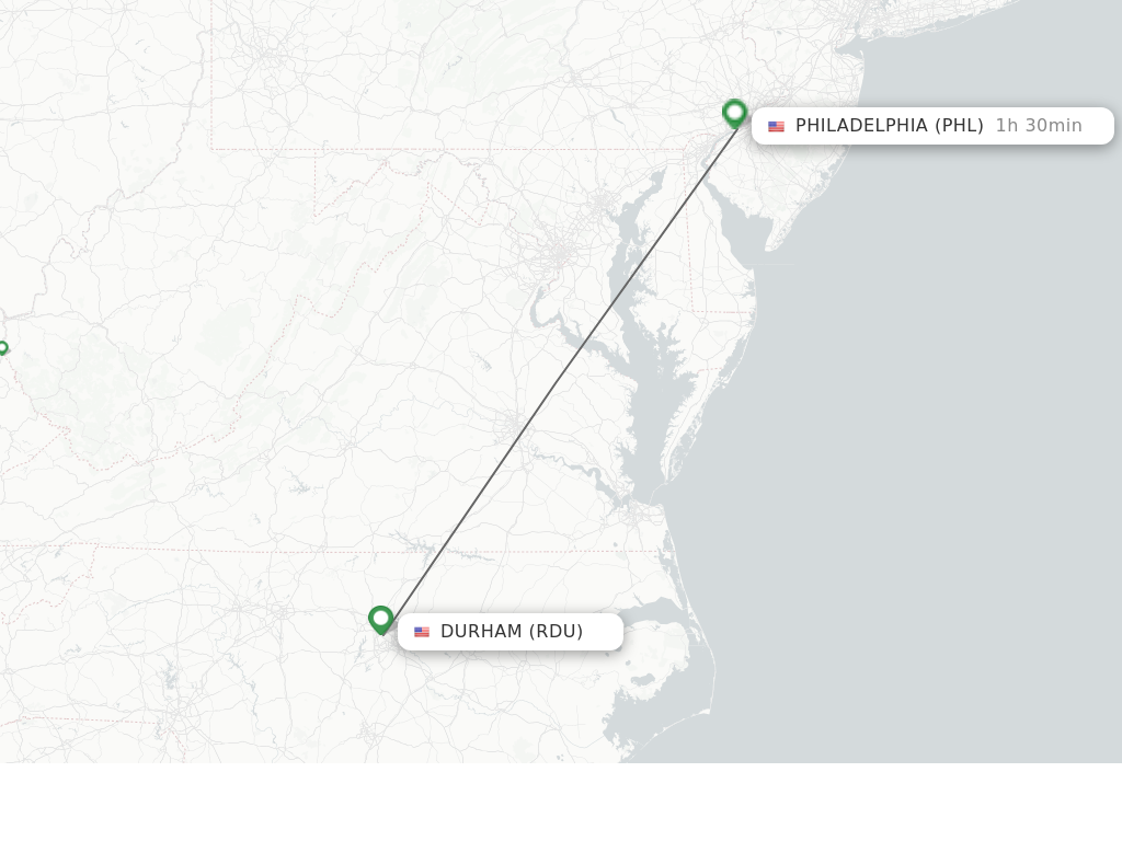 Flights from Raleigh/Durham to Philadelphia route map