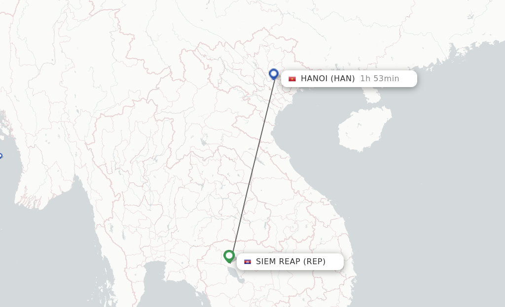 Flights from Siem Reap to Hanoi route map