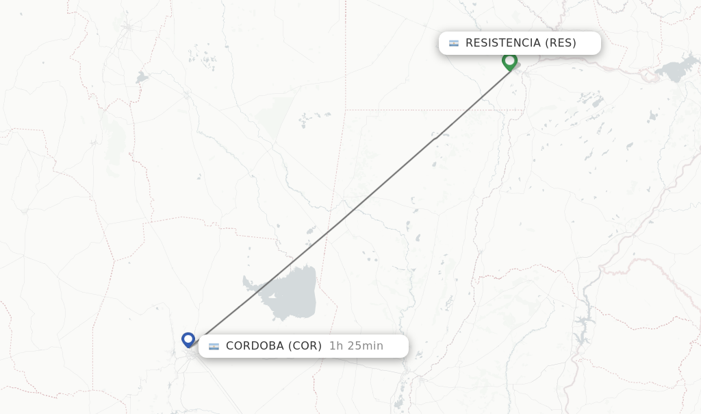 Flights from Resistencia to Cordoba route map