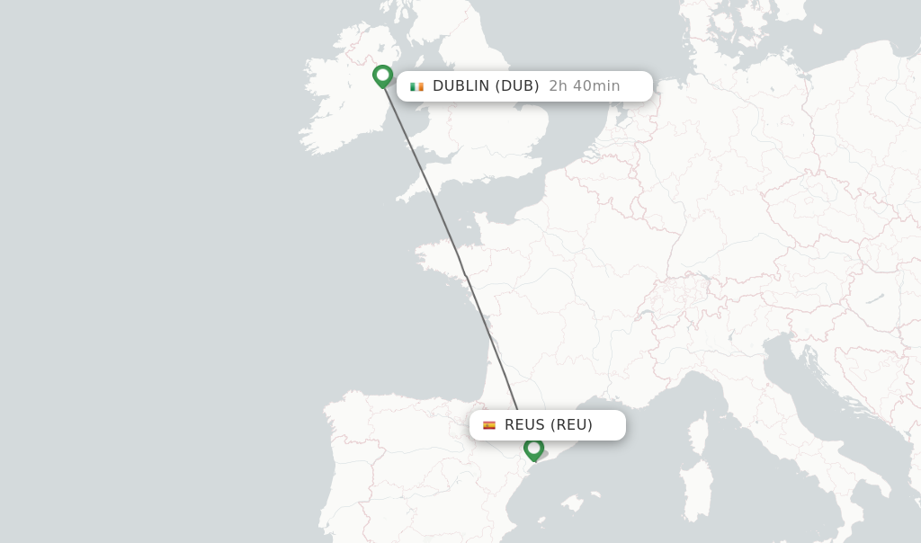 Flights from Reus to Dublin route map