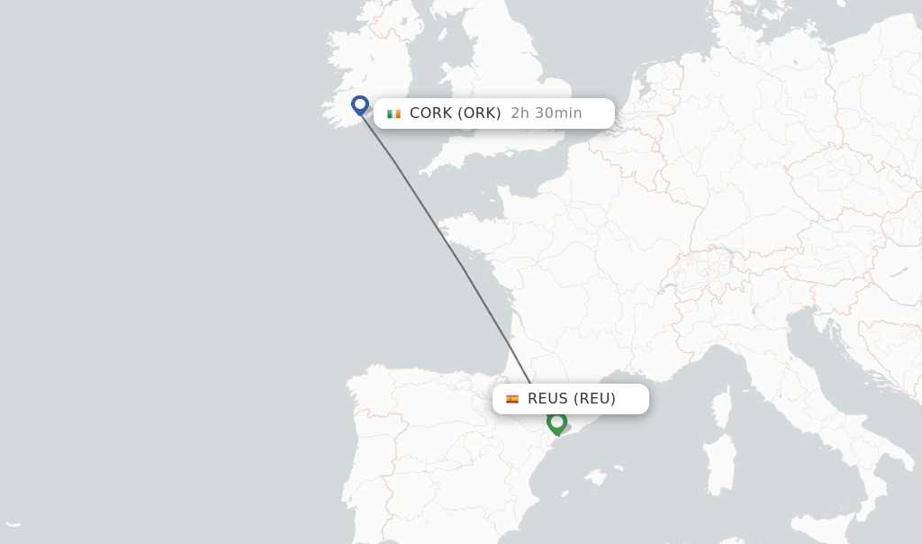 Flights from Reus to Cork route map
