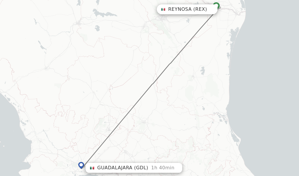Flights from Reynosa to Guadalajara route map