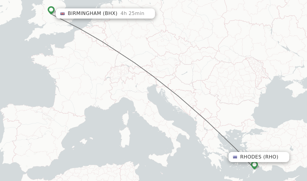 Flights from Rhodes to Birmingham route map