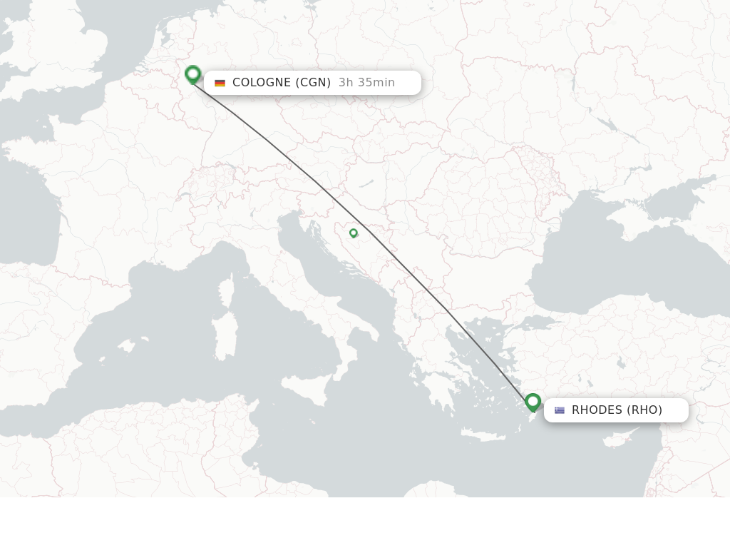 Flights from Rhodes to Cologne route map