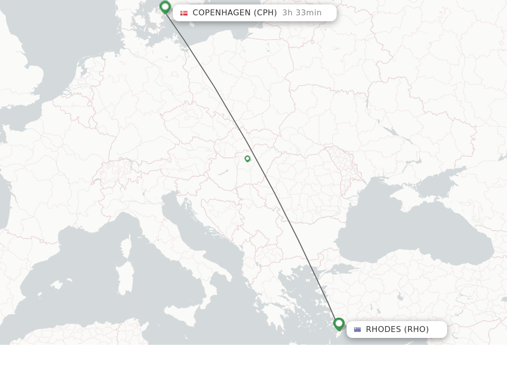 Flights from Rhodes to Copenhagen route map