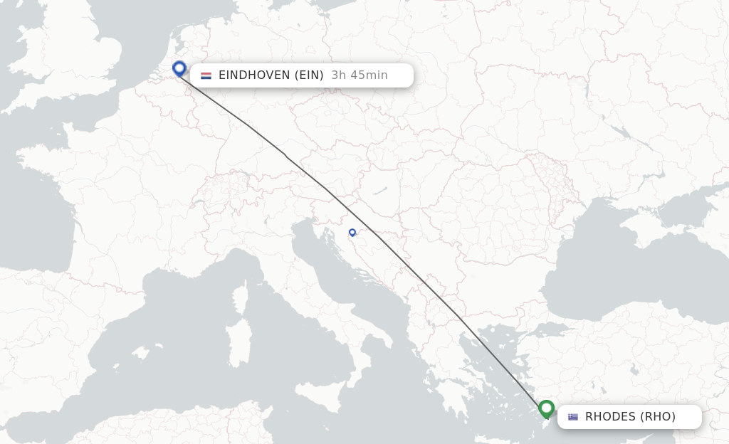 Flights from Rhodes to Eindhoven route map