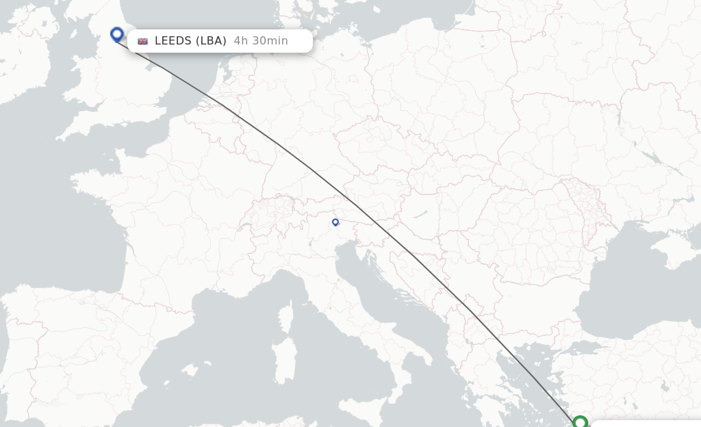 Flights from Rhodes to Leeds route map