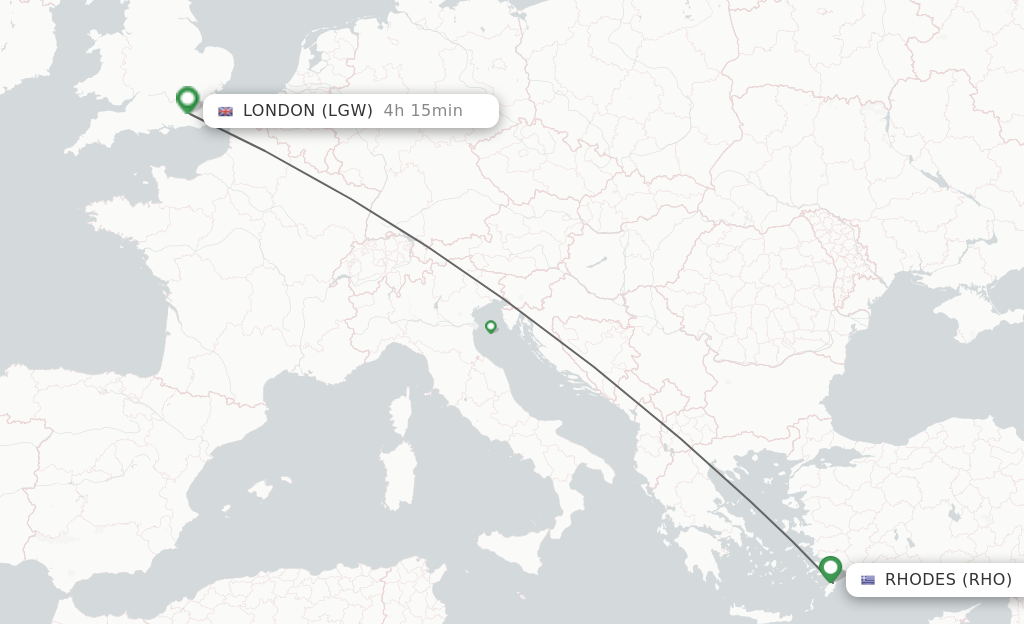 Flights from Rhodes to London route map