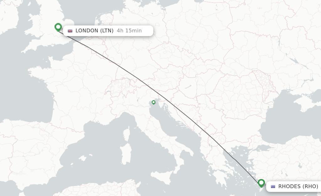 Flights from Rhodes to London route map