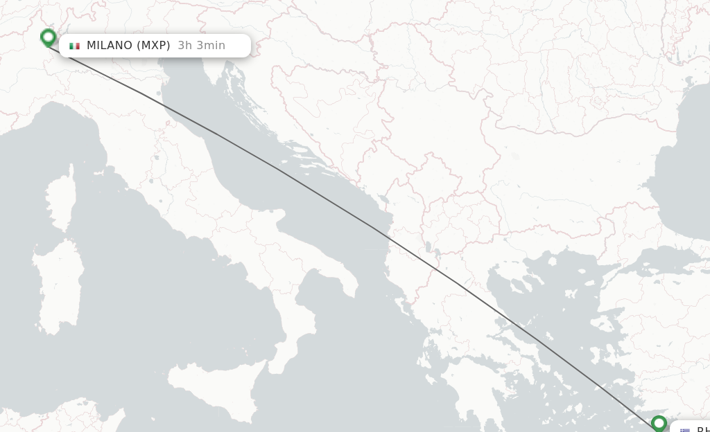 Flights from Rhodes to Milan route map
