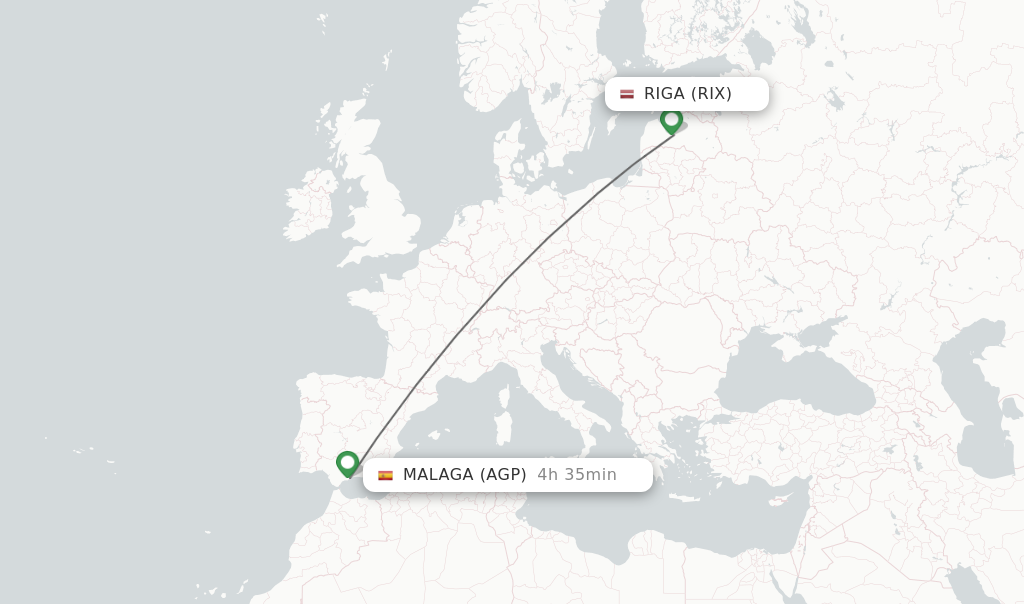 Flights from Riga to Malaga route map