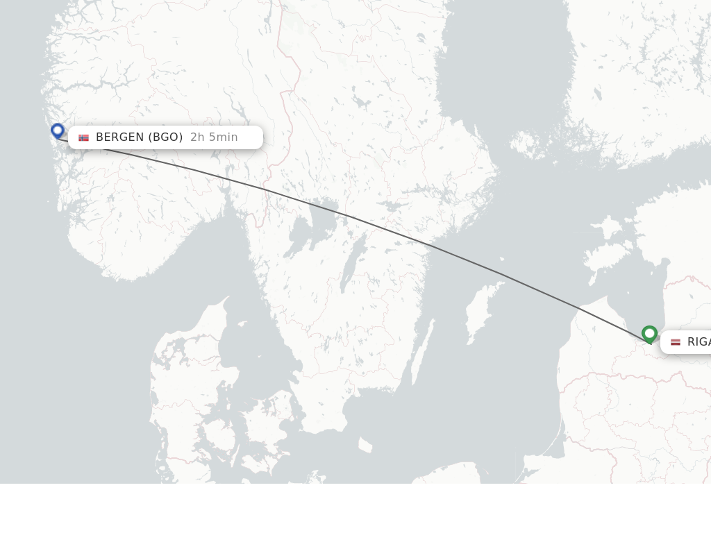 Flights from Riga to Bergen route map