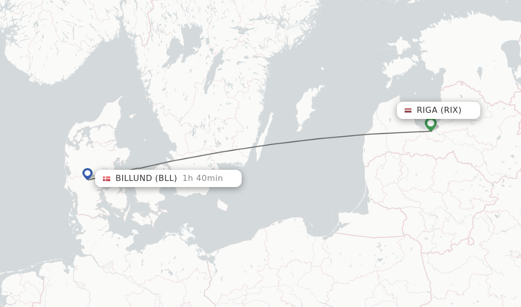 Flights from Riga to Billund route map
