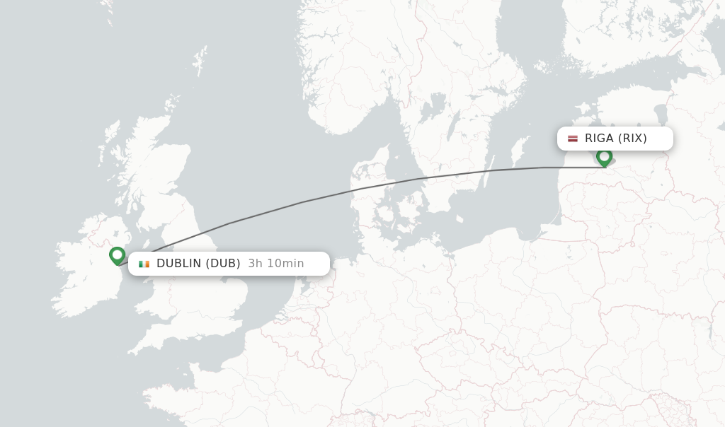 Flights from Riga to Dublin route map