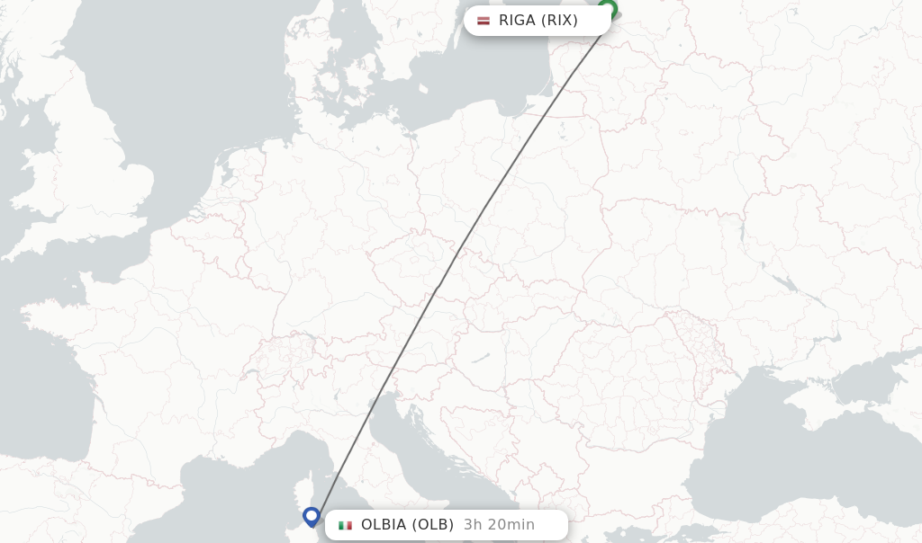 Flights from Riga to Olbia route map
