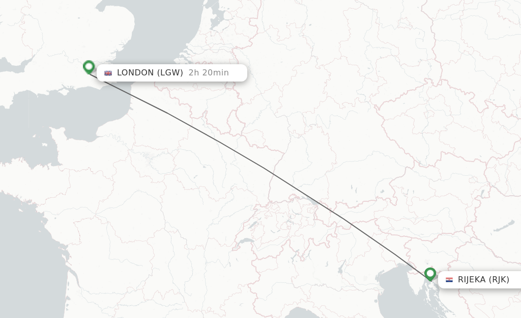 Flights from Rijeka to London route map