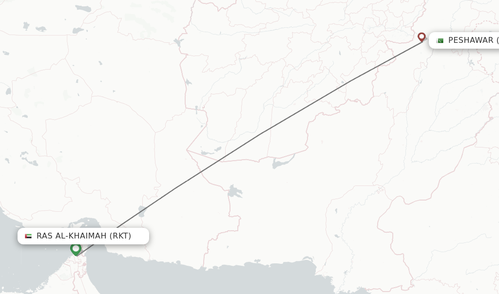 Flights from Ras al-Khaimah to Peshawar route map