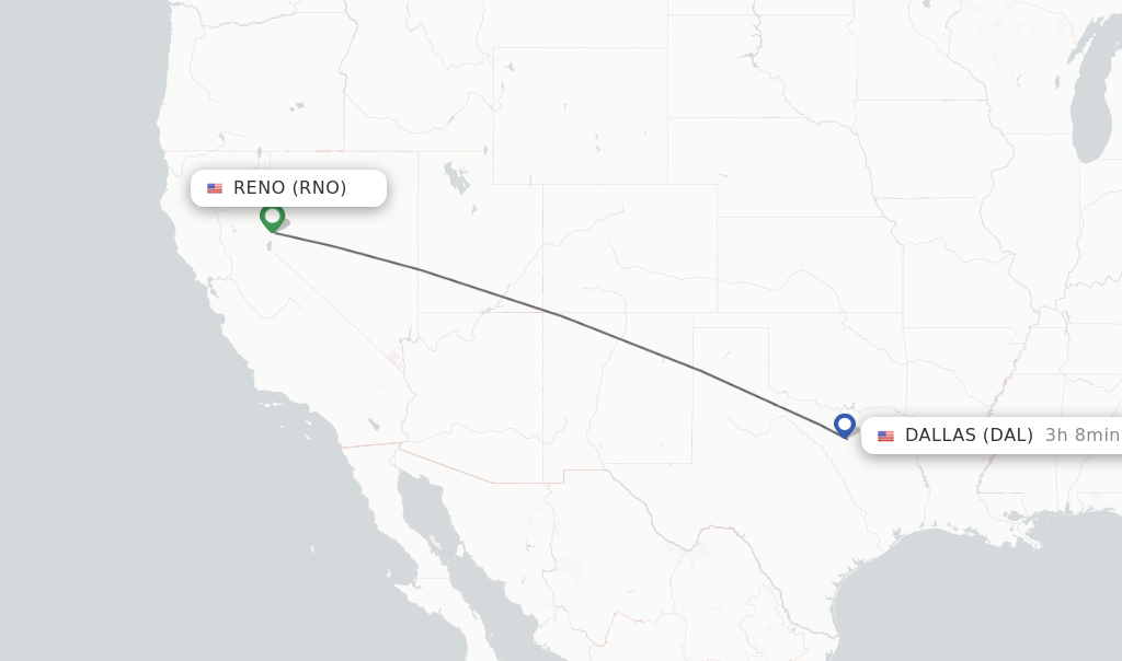 Flights from Reno to Dallas route map