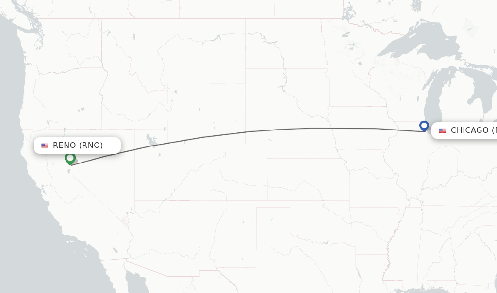 Flights from Reno to Chicago route map