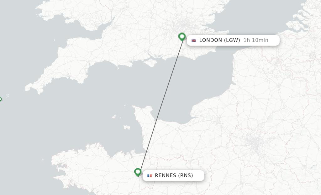 Flights from Rennes to London route map